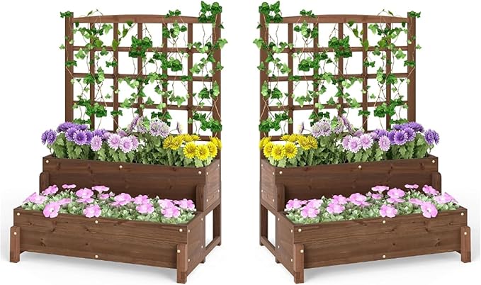 Planter Box with Trellis Set of 2 2-Tier Wood Garden Freestanding Elevated Planter with Legs Drainage Holes for Vine Climbing Plants Flowers Raised Garden Bed for Garden Patio Yard