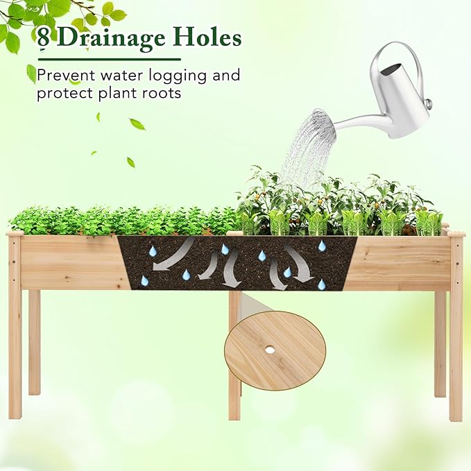 Raised Garden Bed with Legs Elevated Planter Box with Divider &amp 8 Drainage Holes Fir Wood Garden Box for Vegetables Flowers Fruits &amp Herbs (Natural)