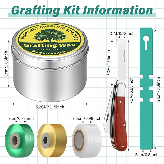 Grafting Kit 8 Oz Grafting Wax 2-5/8 Curved Straight Blades Garden Knife 3 Tape 12 Plant Labels for Successful Floral Fruit Tree