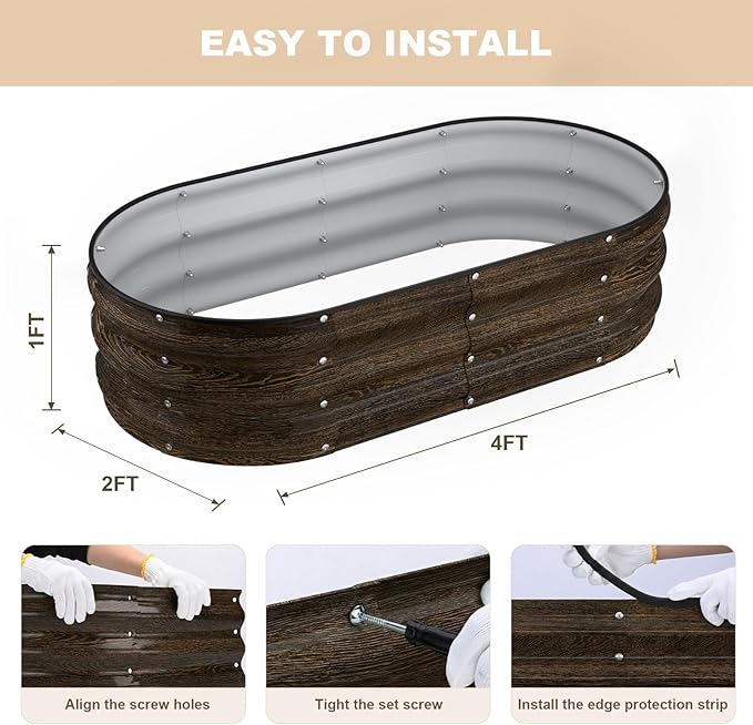 4x2x1FT Galvanized Raised Garden BedsRaised Garden Bed with Safety Edging and GlovesOval Metal Planter Box for Gardening Vegetables Flowers Herb-Classic Walnut