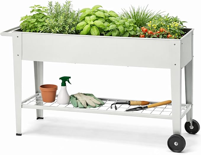 InSideOut Elevated 40 Raised Garden Bed Outdoor with Wheels &amp Shelf for Mobility Metal Planter Box for Vegetables/Herbs Patio-Balcony-Backyard (White)