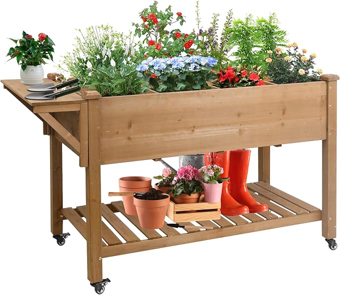 Raised Garden BedHerb Garden Planter Outdoor with Lockable Wheels Storage Shelf Protective Liner for Herbs Vegetables FlowersOutdoor Patio Deck Balcony55.5x24x32 in
