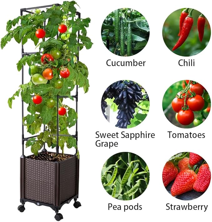 Raised Garden Bed with Tomato Cage &amp Trellis 56 Self-Watering Tomato Planter Box for Vegetables Flowers | Lockable Wheels Vertical Gardening | Indoor Outdoor Patio Use Easy Assembly