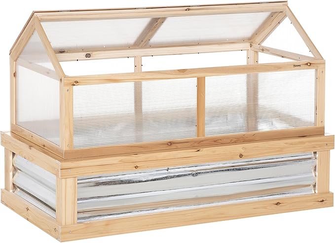 Outsunny 48x24 Raised Garden Bed with Polycarbonate Greenhouse Cover Wooden Cold Frame &amp Planter Box for Vegetables Flowers Herbs Outdoor Use Natural