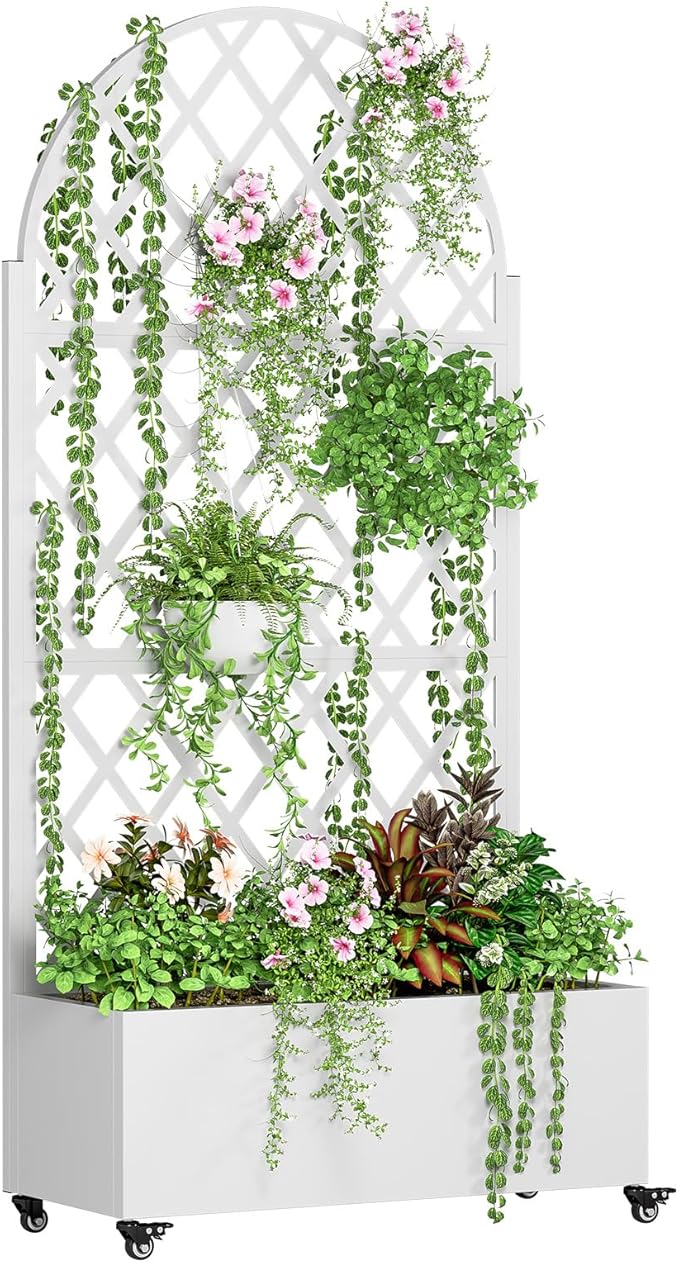 Metal Planter Box with Trellis | 73x 35x 16 Raised Garden Bed with Drainage Hole Privacy Screen Wheels | Space-Saving Planters Box for Climbing Plants Vegetable Vines-White