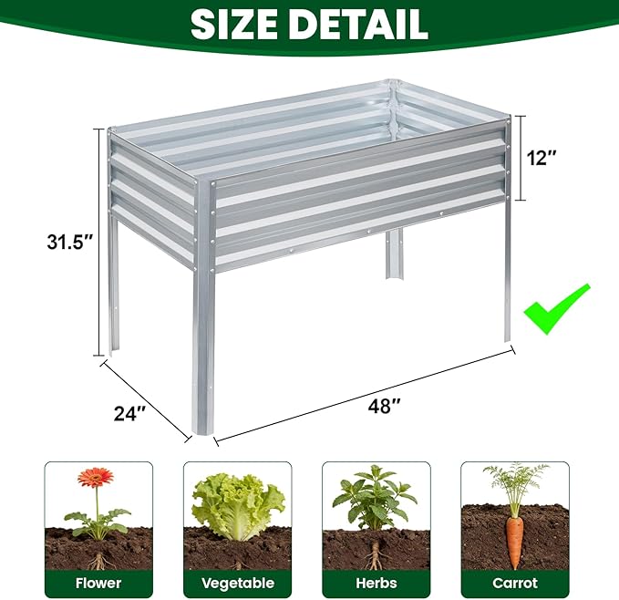 1MORE Elevated Raised Garden Bed with Legs 48×24×32in Large Metal Raised Bed for Backyard Patio Balcony. Raised Planter Box with Drainage Holes for Plants Vegetables Flowers Fruits(Sliver-2pcs)