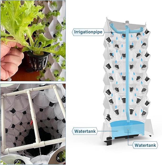 Hydroponic Tower Growing System 8 Layers 64 Pots with Water Pump Indoor Outdoor Hydroponics Planter Kit Vertical Garden Tower for Growing Strawberries Tomatoes Lettuce