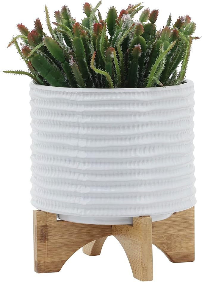 8 Textured Planter W Stand White