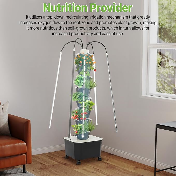 Hydroponic Growing System Kit 40 Plants 5-Layer Vertical Hydroponic Tower with LED Light Vertical Hydroponics Garden Tower with Pump &amp Water Level Gauge for Herbs Vegetables Fruits (Grey)