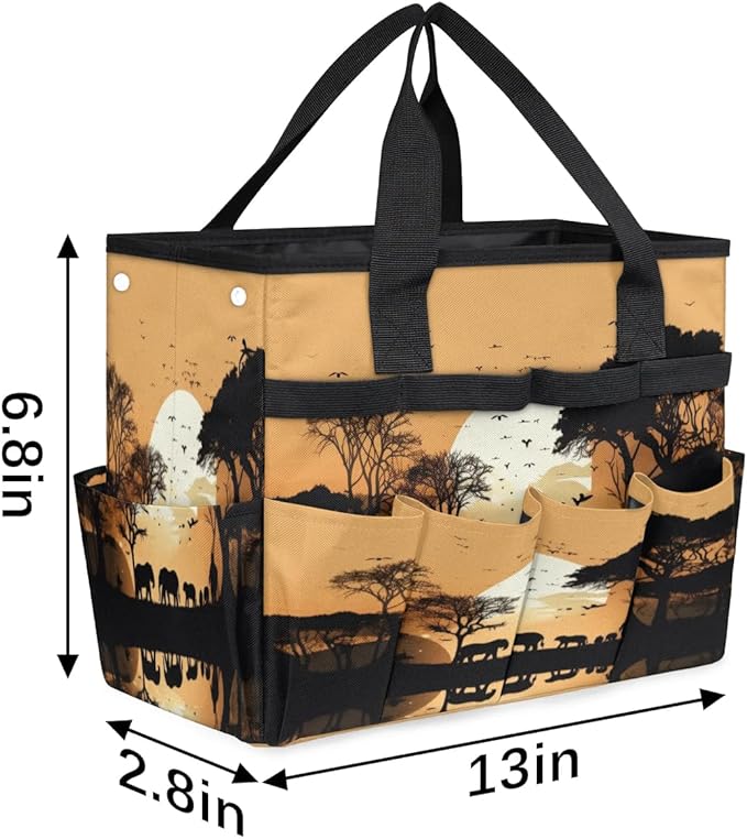 Sunset Elephants Tree Silhouette Garden Tool Bag Waterproof Garden Tool Storage Bag Heavy Duty Oxford Gardening Tool Bag with Handle &amp 10 Pockets for Men Women Outdoor Garden Lawn Yard