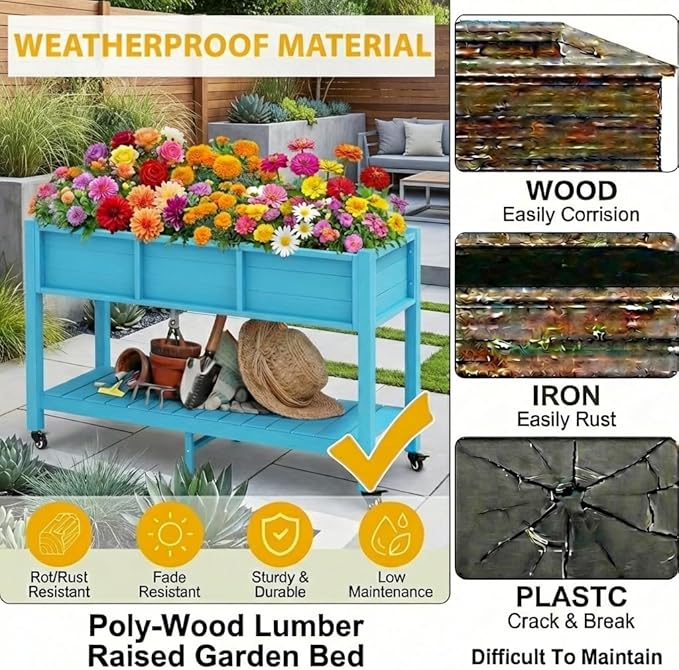 DWVO 47x18x31in Raised Garden Bed HDPE Weather-Resistant Poly Wood Planter Box Stand Planter Box with Legs Storage Shelf &amp Lockable Wheels Elevated Garden Bed for Backyard Patio - Aruba Blue