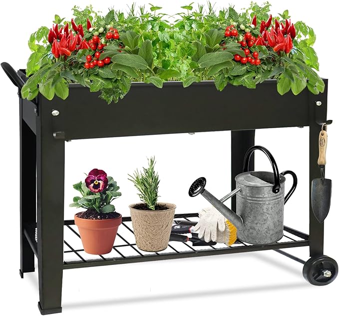 Raised Garden Planter Beds with Wheels Legs Large Planters Box for Indoor Outdoor PlantsMetal Galvanized Elevated Rectangle Herb Planter Box for Vegetables Flower Patio 31.5 H