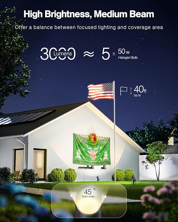 HIBOITEC 1 Pack 30W Outdoor LED Spot Lights 120V Plug in Flag Pole Light 3000LM 3000K Warm White Waterproof Landscape Spotlight for Yard Garden Tree Statue 5.9 FT Cord with Plug