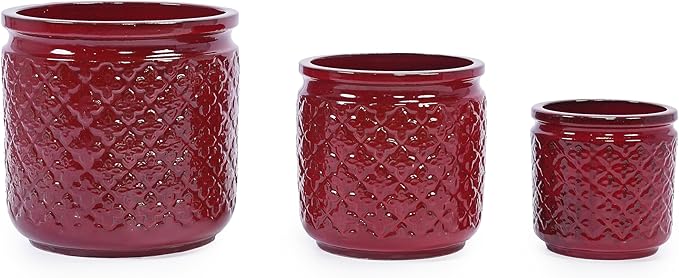 Handmade Ceramic Planter Set of 3 15129 Inch Diameter Diamond Pattern for Orchids Indoor Plants Windowsill Bookshelf Use Breathable Clay
