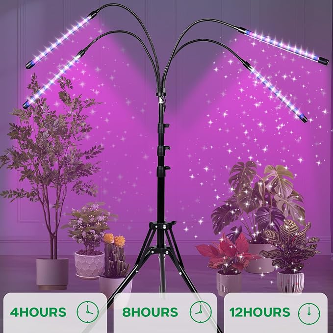 4-Head Floor Grow Lights for Indoor Plants - 15-63 Tripod Red/Blue Spectrum &amp Remote Control - Auto 4/8/12H Timer 10 Dimmable Levels for Tall Potted Trees (4-Head)