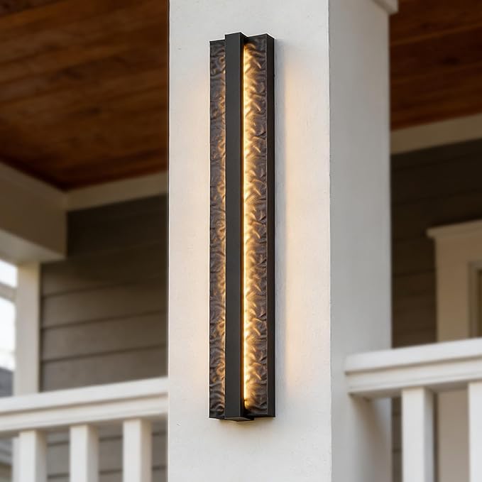LamQee 23.6in Long Outdoor Modern LED Wall Lights Hammered Wrought Iron and Aluminum 3000K 1200LM Linear Exterior Lighting Fixtures Wall Mount Waterproof Outside Sconce for House Porch Patio Garage