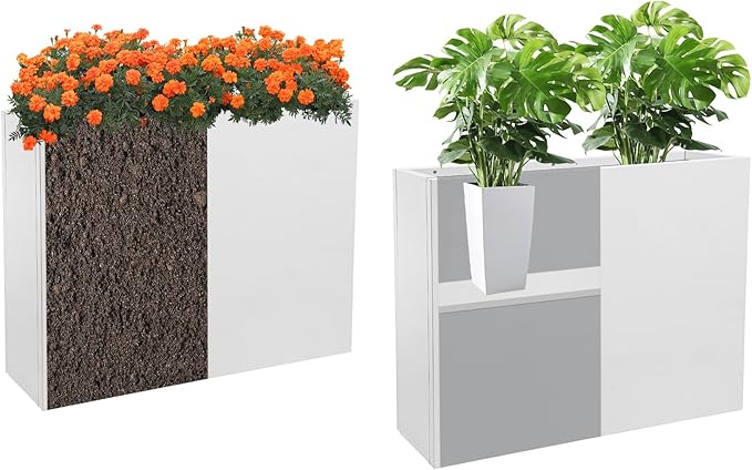 Metal Raised Garden Bed 36 * 10 * 28in Steel Rectangular Planter Flower Box with Intermediate Shelf for Indoor Outdoor Balconies Gardens Decks Patios Decks Front Porches (White)