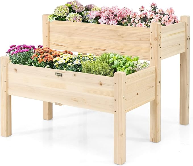 Giantex Set of 2 Raised Garden Bed Elevated Wood Planter Box Raised Bed Kit for Flowers Vegetables Fruits Herbs Outdoor Planting Container Patio Balcony Yard (Natural)