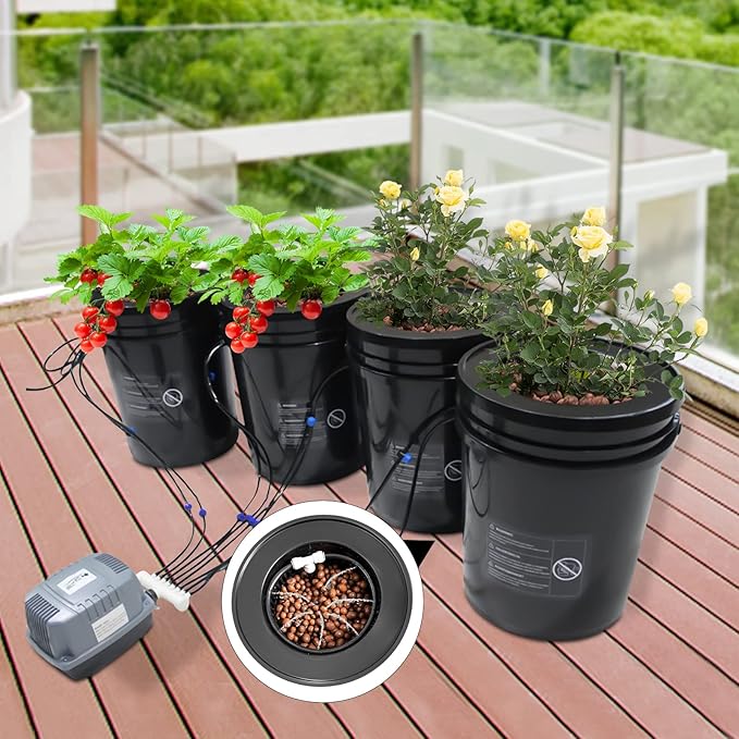 DWC Hydroponics Grow System 5 Gallon Deep Water Culture Hydroponic Bubbler Bucket Kit with Air Pump for Growing Fruits Crops Vegetables