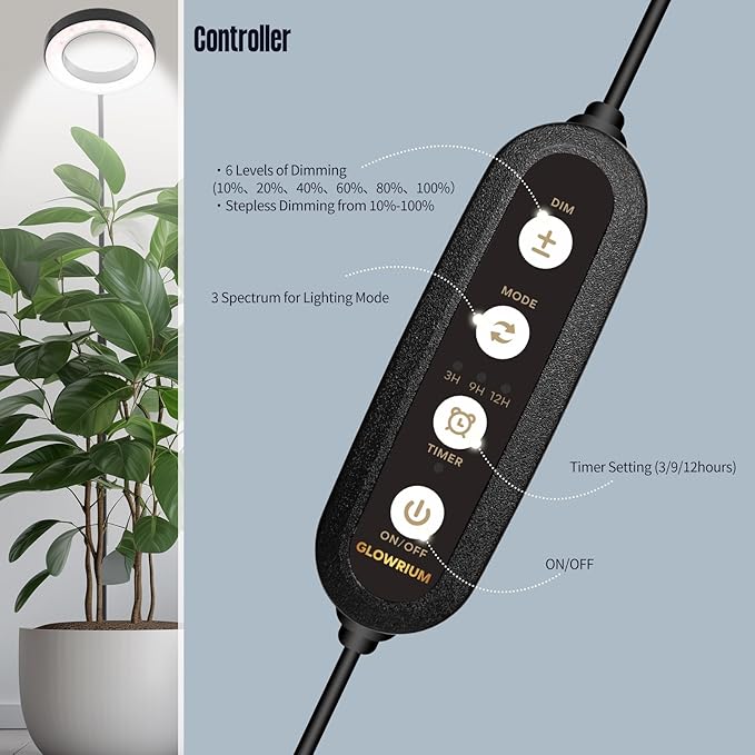 GLOWRIUM Grow Lights for Indoor Plants20W Full Spectrum LED Plant Light with StandAdjustable Height3/9/12H Timer6 Dimmable Levels &amp 3 Lighting Modes (Black-Single Head)