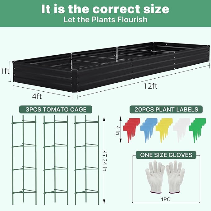 12×4×1ft Galvanized Metal Raised Garden Bed Metal Planter Kit Box Outdoor for Deep-Rooted Vegetables Flowers Green and Herbs