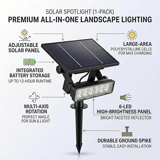 Solar Spotlight Outdoor Single Warm White Solar Garden Light with Adjustable Head and Panel Dual Installation Ground Stake or Wall Mount Auto on/Off Landscape Light for Yard Pathway Patio