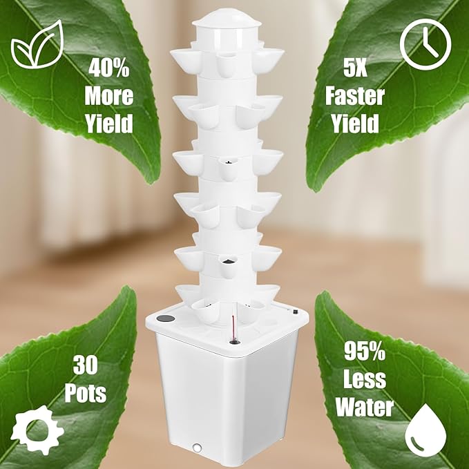 Hydroponic Growing System Vertical Garden with 10L Tank 6 Layers 30 Plants Indoor Hydroponics Growing System Soilless Cultivation Herbs Fruits Vegetables Vertical Planter Tower Kit White