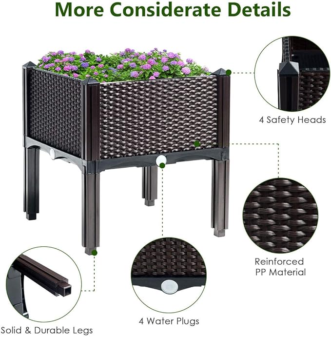 S AFSTAR Raised Garden Bed Kit Set of 4 Elevated Planter Boxes with Self-Watering Design &amp Removable Legs Outdoor Plastic Planter Box for Patio Yard Balcony Gardening Rattan Pattern (Brown)