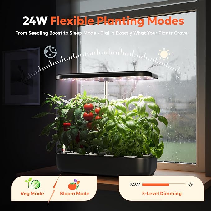 owltron Hydroponics Growing System Kit 12 Pods Indoor Herb Garden with 24W LED Grow Light Full Spectrum Planting Height Up to 20 Quiet Water Pump Indoor Gardening for Gifts Kitchen Black