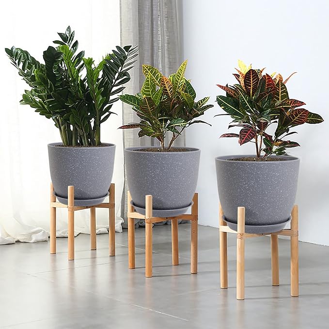 WOUSIWER Plant Pots 10/9/8 inch Set of 3 Modern Decorative Plastic Planters with Drainage Holes and Saucers for House Plants Indoor Flowers Plants Grey Speckles