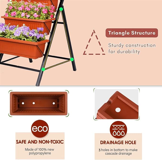 SEJOV 2 Pack Vertical Raised Garden Bed 5 Tiers Elevated Planter Box for Herbs Vegetables Flowers Graden Vertical Planter w/Drainage System for Patio Balcony Garden Outdoor Indoor Plants Dark Red