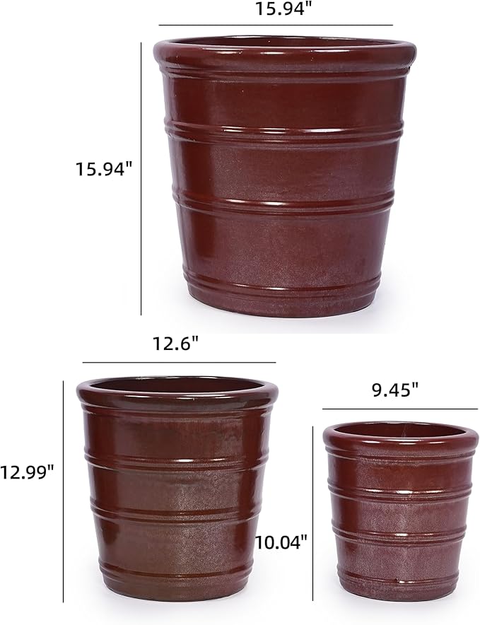 Handmade Glazed Ceramic Planter Set of 3 161310 Inch Diameter Horizontal Rib Design for Monstera and Fiddle Leaf Fig Outdoor G Indoor Staircase Use Breathable Clay Deep Brown