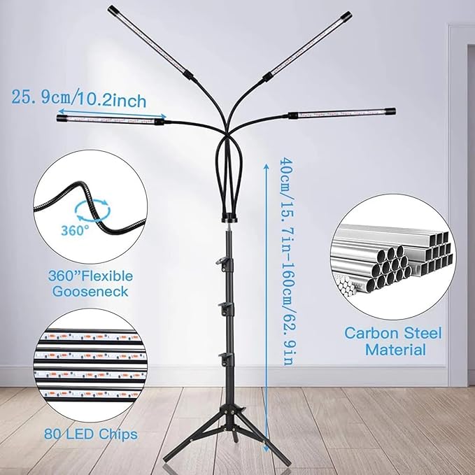 Full Spectrum Grow Lights with Tripod 4/5 Heads LED USB Grow Light 3H/9H/12H Timer 9 Dimmable Brightness Plant Growing Lamps for Indoor Plants Seeding Veg &amp Bloom5 Heads