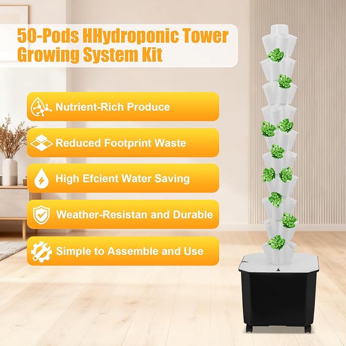 Hydroponic Growing System Kit Aeroponic Tower 50 Hole Garden Vertical Vegetable Planting System with Pump&ampTimer and Mobile 11.89Gal Water Tank (White)