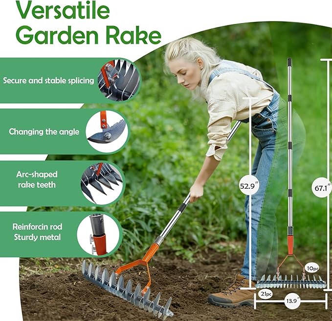 Garden Weed pullerTooHeavy Duty 12 Multi Flat ShovelScraper 14 Steel Thatch Rake with Adjustable Long Handle forLeaf &amp Moss&amp Edging &amp Ice &amp Snow Removal in Lawn DrivewaysPatios C