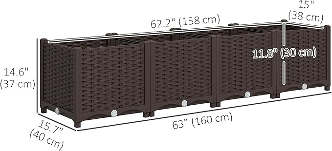 Outsunny 5 x 1 x 1 ft Raised Garden Bed Indoor Outdoor Plastic Planter Box with Drainage Holes Drain Plugs and Water Reservoirs for Vegetables Herbs Flowers &amp Succulents Brown
