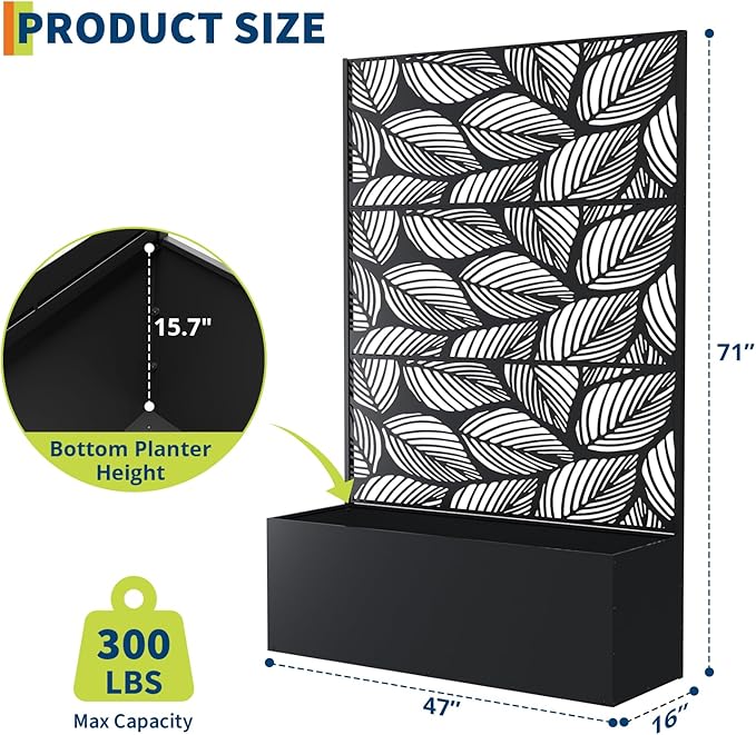 Galvanized Metal Planter Box with Trellis 47X16X71 Raised Garden Bed (with/Without Wheels) Privacy Screen for Climbing Plants Veggies &amp Vines Patio Planter with Drainage Holes 16 Deep