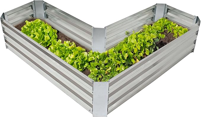 Sunnydaze Silver Galvanized Raised Garden Beds - 12” H L-Shaped and 48 W x 24 D x 12 H Rectangle
