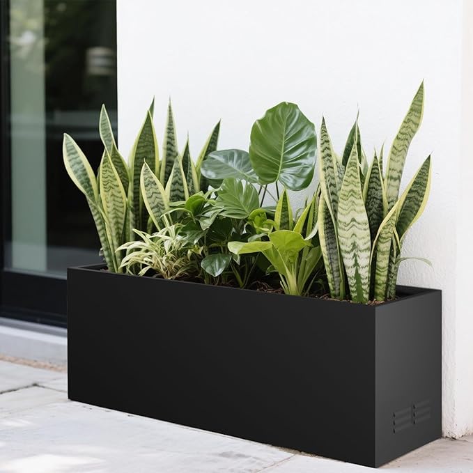 Worth Metal Planter Box with Insert Plate &amp Drain Holes Indoor or Outdoor Use No Assembly Required 30 x 11 x 13 14.3 Gallons Matte Black
