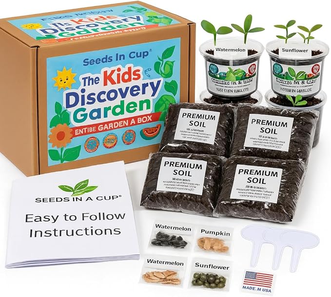 Kids Discovery Garden Kit Complete Indoor/Outdoor Growing Set Premium Soil 4 Seed VarietiesEducational for Ages 8+ Made in USA Great Gift for Holiday Gift Idea