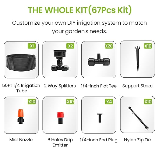 MIXC Drip Irrigation System 50 FT Quick Connector Garden Watering System Automatic Sprinkler Kit for Lawn Raised Bed Outdoor Plants Greenhouse with 1/4'' Tubing Drip Emitters Misting Nozzles