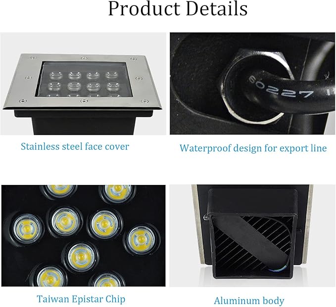 4 Pack IP66 Waterproof Square Buried Lamps - 12W Warm White Embedded Outdoor Ground Lights for Garden Walkway Terrace and Street Landscape