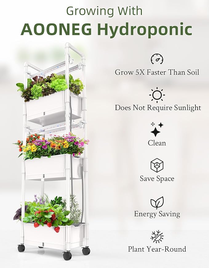 Hydroponics Growing SystemAOONEG 42Pods Indoor Herb Garden with LED Grow LightHydroponics Growing System Kit with Automatic TimerPump SystemAdjustable Height (No SeedGlossy White 3Layer-42Pods)