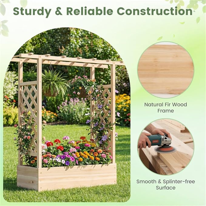 Fir Wooden Raised Garden Bed with Trellis &amp Flat Roof Planter Box for Climbing Plants Outdoor Planting Stand Roof Climbing Plant Support Raised Beds Backyard Planter Wooden Garden Planter - Nat