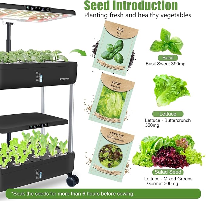 44-Pod Indoor Hydroponic Growing System + 3 Free Seeds Starter Kit (Lettuce Salad Mixed Basil Seeds) – Dual 53W Full-Spectrum LED 10-L Water Tank 2-Tier Grow Pods (44 Pods)