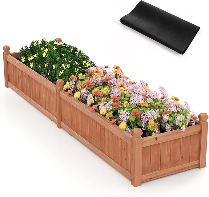 Giantex Wood Raised Garden Bed Planting Bed with Corner Drainage Non-Woven Liner for Growing Vegetables Flowers Herbs Fruits 89”x23.5”x16” Divisible Planter Box for Backyard Garden Lawn