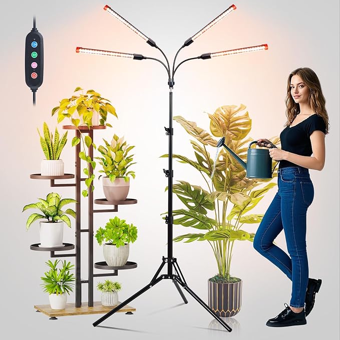 FECiDA Gamechanger! 36 Watt Power Draw NO Need Adapter 4Head Grow Light with Tripod Stand 2026 Big Coverage LED Grow Lights for Indoor Tall Plants Bonsai Tree 4/8/12/16/20H Timer