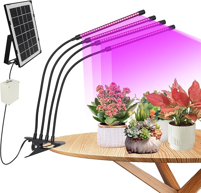 LED Grow Lights for Plants with 3/9/12H Timer Solar Plant Grow Light Battery Powered UV Grow Lights for Indoor Plants Adjustable Gooseneck Suitable for Vegetation Run Day/Night