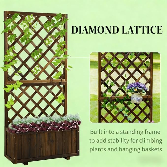 Wood Raised Garden Bed with Built-in Trellis Complete Planting System with Drainage Holes for Climbing Vegetables &amp Flowers Easy Assembly Outdoor Planter Box