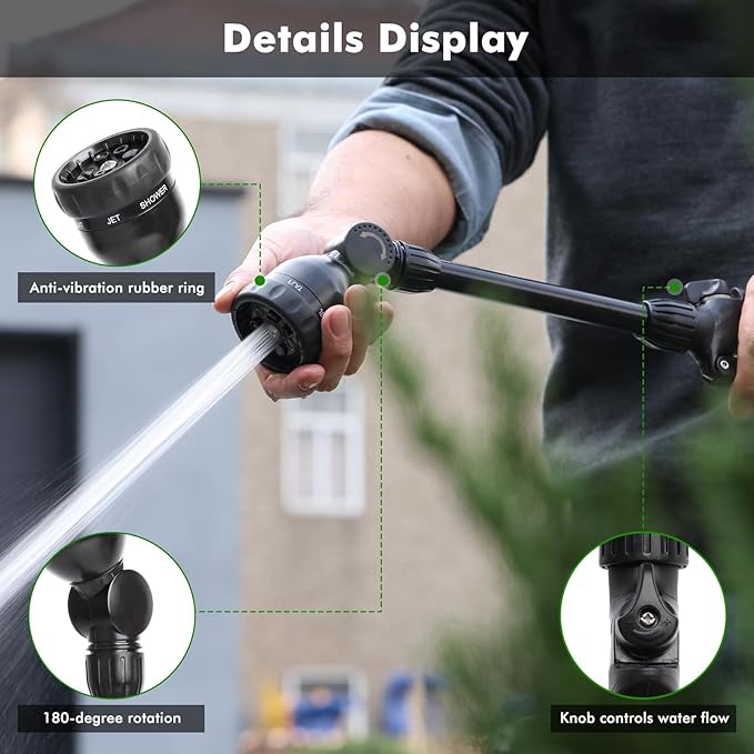 RESTMO Metal Watering Wand Heavy Duty Garden Hose Wand with 180° Swivel Head 16'' Hose Nozzle Sprayer with 7 Spray Patterns and Flow Control for Water Hanging Baskets and Shrubs Flash Black